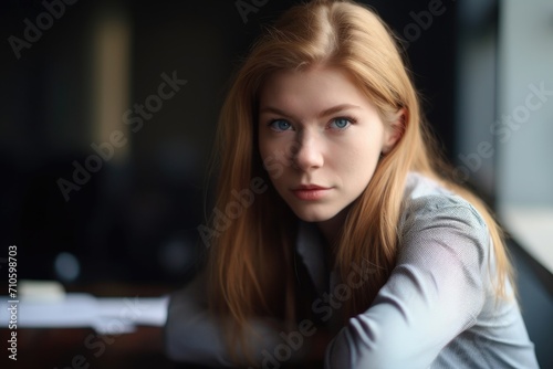 a young woman leaning against her desk and looking at you