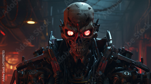 Undead Warrior with dark military dress in cyberpunk style, halloween motive