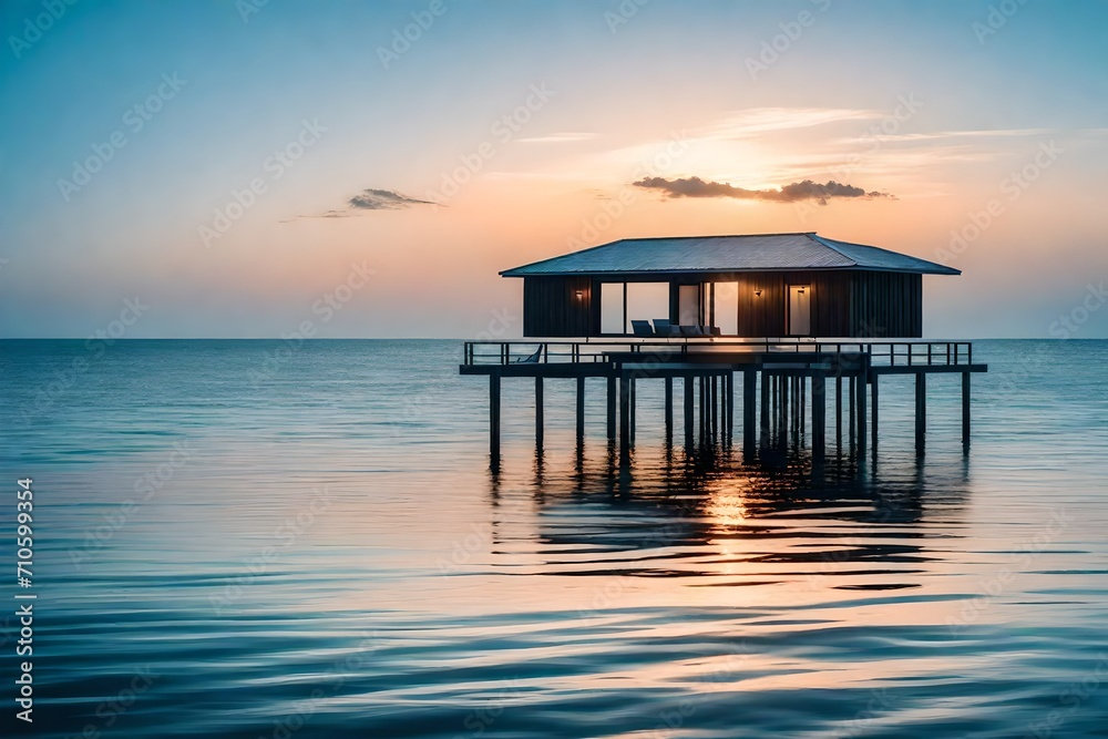 A serene overwater retreat standing alone in the twilight, its stilts delicately reflecting on the calm ocean, creating an enchanting vista of tranquility.