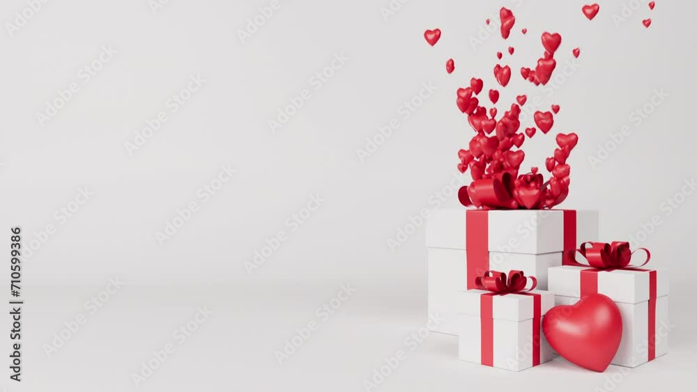 Valentine gift box and bubbling flying little hearts on white backdrop. 3d render animation