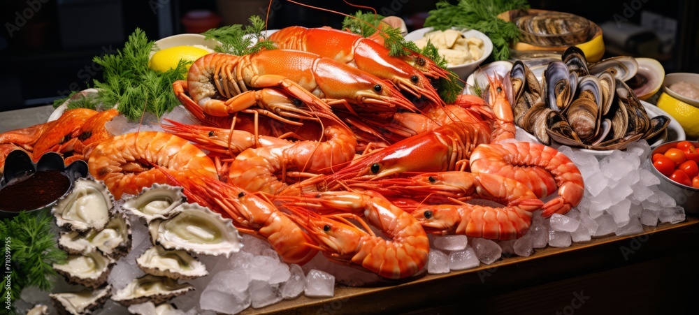 Wooden counter with shrimps, mussels, oysters on ice, decorated with lemon, greens. Photo on the background of a cafe, close-up shot from the side. Horizontal banking for web. Photo AI Generated Wooden counter with shrimps, mussels, oysters on ice, decorated with lemon, greens. Photo on the background of a cafe, close-up shot from the side. Horizontal banking for web. Photo AI Generated