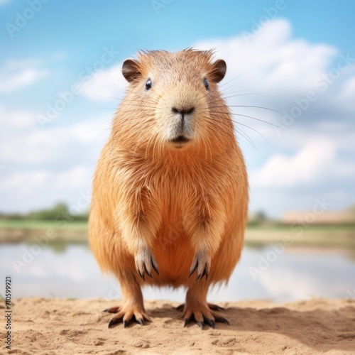 Close up of Capybara against green background sitting on a sandy river bank © Kanzul