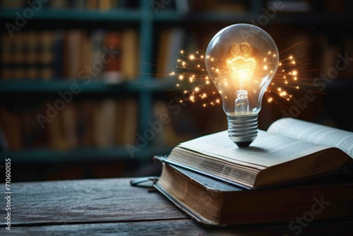 Illuminated knowledge Light bulbs and books symbolize reading and innovation photo