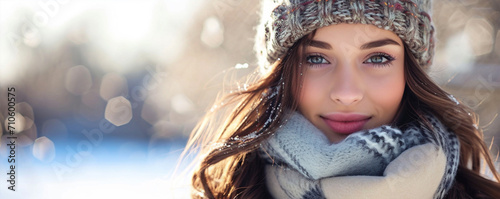 Beautiful brunette hair girl in winter clothes, ai technology photo