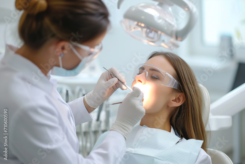 European dentist woman in face mask checking patient teeth in dental clinic. Dentistry concept