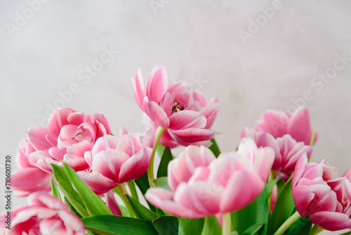 Close-up bouquet of pink tulips. Anniversary celebration concept. Soft focus © thayra83
