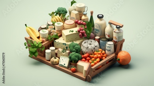 Grocery store, dairy department: cheeses, spices, greens, tomatoes. 3D mockup in the ninth box, top view on a green background. Horizontal banking for web. Photo AI Generated