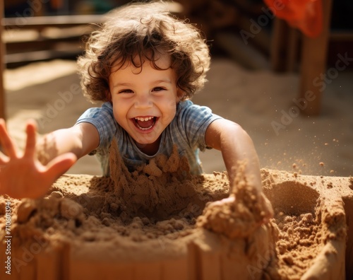 Cute little boy playing in a sandbox on a sunny summer day. Sandbox. Childhood Concept with a Copy Space. 