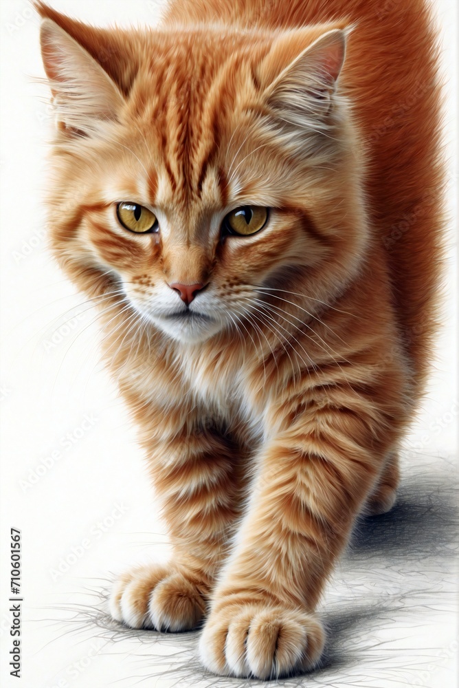Portrait of small Ginger Cat, Looking in camera on Isolated white background, front view. Digitial illustration painting, generative ai wallpaper