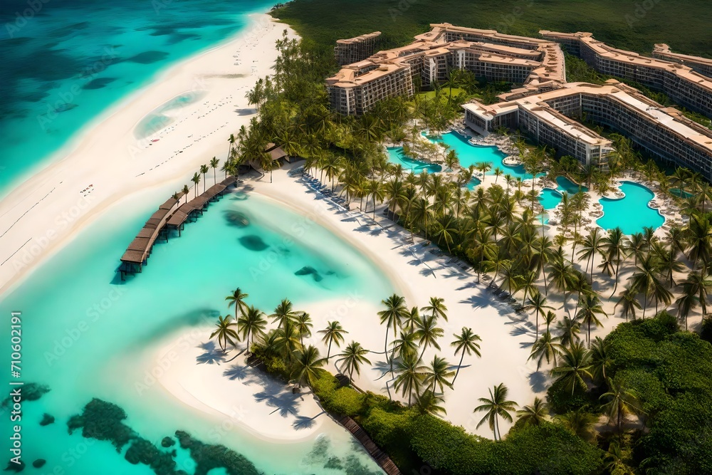 A luxurious beachfront resort with pristine sands, palm trees, and turquoise waters as far as the eye can see.