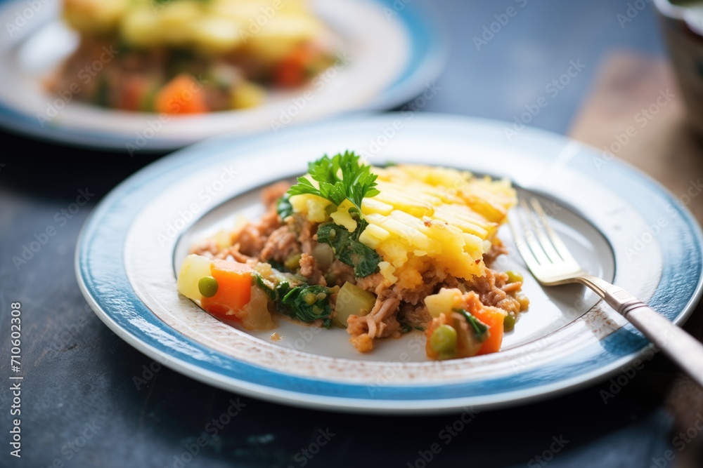 half-eaten shepherds pie on a plate with a fork beside it half-eaten shepherds pie on a plate with a fork beside it