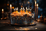 Birthday cake with candles on a festive elegant background. Generative AI.