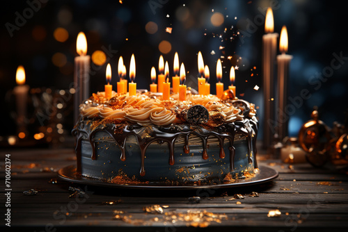 Birthday cake with candles on a festive elegant background. Generative AI. photo