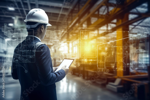 man in a helmet, holding a tablet, analyzing holographic blueprints in an industrial setting with yellow structures, ai generative