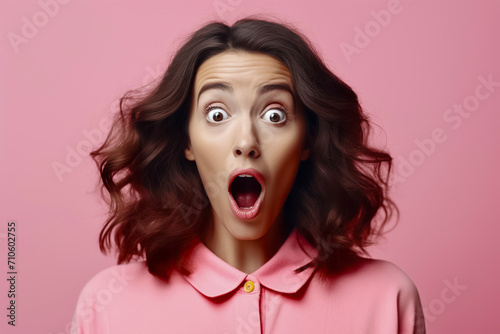 brunette woman wearing pink dress with wide open mouth and eyes with shocked face, ai generative