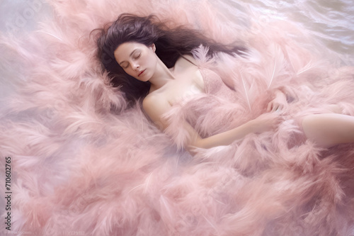 woman lying among soft  fluffy  pink feathers. Ethereal and dreamy ambiance  ai generative
