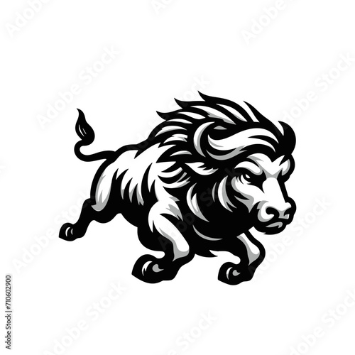 Vector Logo Featuring a Charging Buffalo. Powerful Symbol of Strength and Resilience for Corporate Branding, Financial Services, and Marketing. Striking and Versatile logo on a white Background.