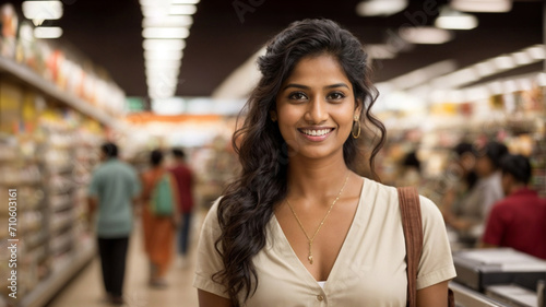 Bella giovane donna indiana con capelli lunghi in un moderno negozio supermercato photo
