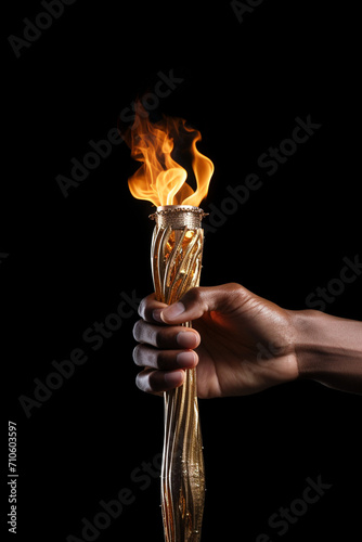 the Olympic torch being passed from one runner to another during the torch relay, symbolizing the spirit and anticipation leading up to the Games created with Generative Ai