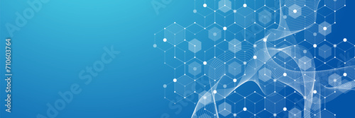 Modern health care or medical background design. Health care innovation concept. Horizontal header web banner. Abstract geometric background with hexagon shapes for medicine, science, chemistry.