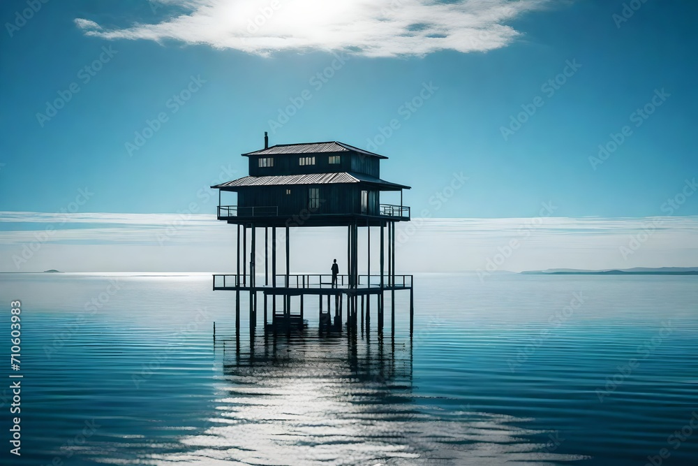 A solitary overwater haven, its stilts delicately mirrored on the calm, mirror-like surface of the ocean, creating a serene and picturesque spectacle. A solitary overwater haven, its stilts delicately mirrored on the calm, mirror-like surface of the ocean, creating a serene and picturesque spectacle.