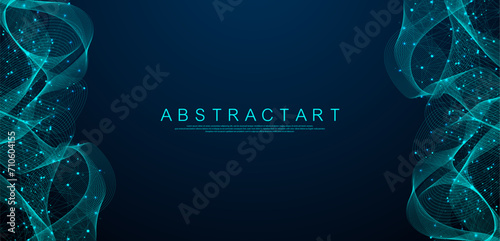 Vector connections of lines and dots. Technology banner template. Graphic abstract background communication. Minimal array with compounds lines and dots. Digital data visualization