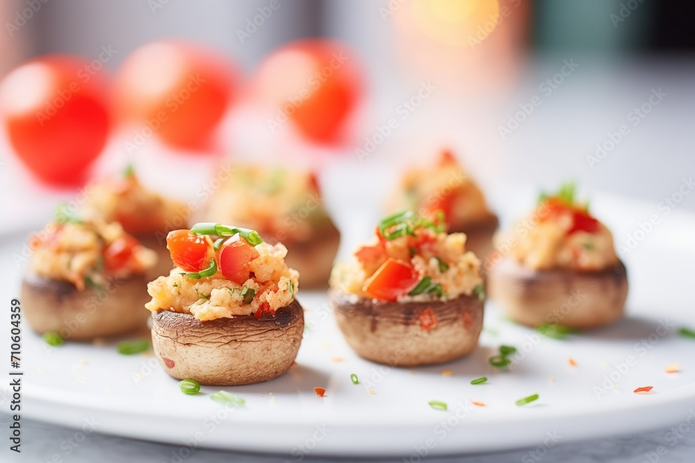 stuffed mushrooms garnished with red pepper flakes, macro shot