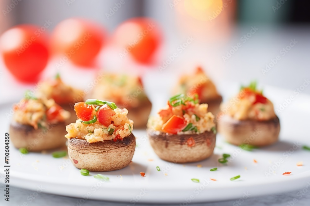 stuffed mushrooms garnished with red pepper flakes, macro shot stuffed mushrooms garnished with red pepper flakes, macro shot