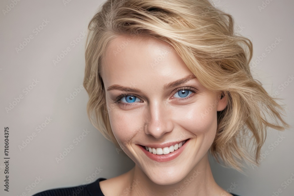 Portrait pretty blond model smiling woman with blue eyes, white teeth, healthy long hair and beauty skin. Concept of studio shot of advertising a dentist and facial care. Generative AI