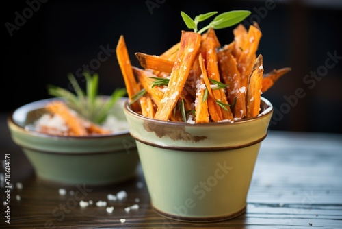 close-up of seasoned sweet potato fries in rustic cup