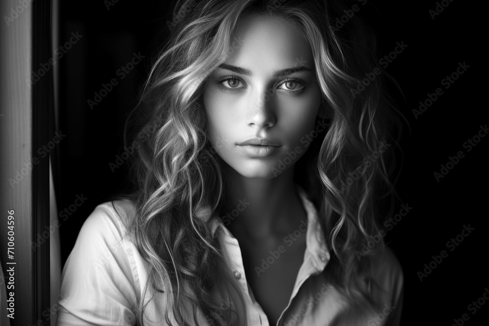 Large black and white portrait of a young woman looking into the camera Large black and white portrait of a young woman looking into the camera