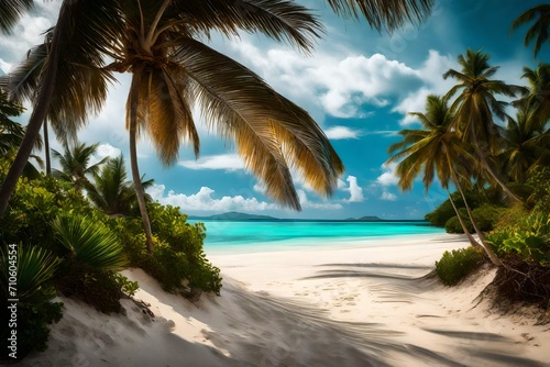 A palm-fringed coastline with white sands meeting turquoise waters, inviting for a peaceful stroll.