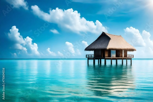 A solitary overwater bungalow  its thatched roof glinting in the sunlight  against the backdrop of a serene  azure sea. The reflection dances on the tranquil water  creating a mesmerizing scene.