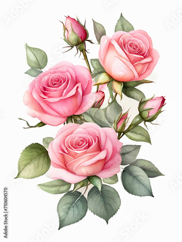 Watercolor pictures. Beautiful pink roses, isolated white background