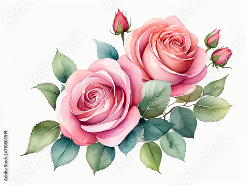 watercolor Bouquet Beautiful pink roses isolated white background.