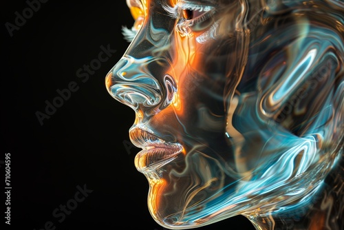 Glass Face. A Face made of glass. Glass reflections. Crystal Clarity. Face Sculpted from Translucent Glass.