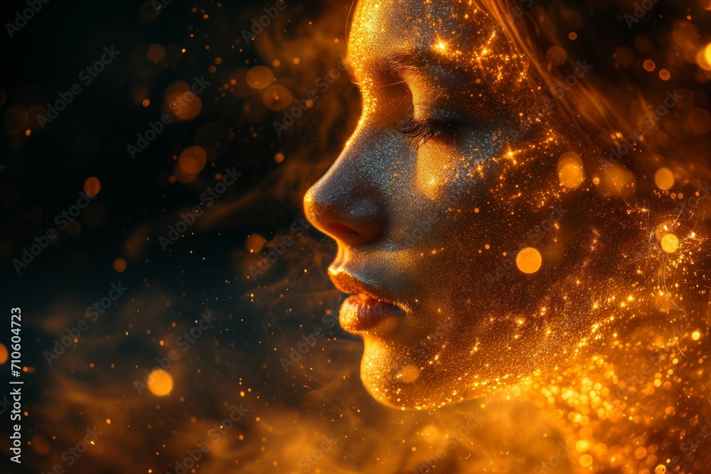 Face of Gold particles. Gold particles forming a face. Golden Particle Face. Face of Gold particles. Gold particles forming a face. Golden Particle Face.