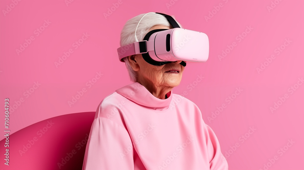 An elderly woman in a virtual reality mask realizes her childhood dreams and sees pictures of space. An elderly woman in a virtual reality mask realizes her childhood dreams and sees pictures of space.