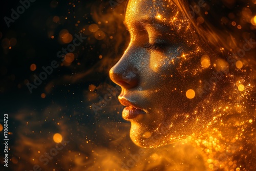 Face of Gold particles. Gold particles forming a face. Golden Particle Face.