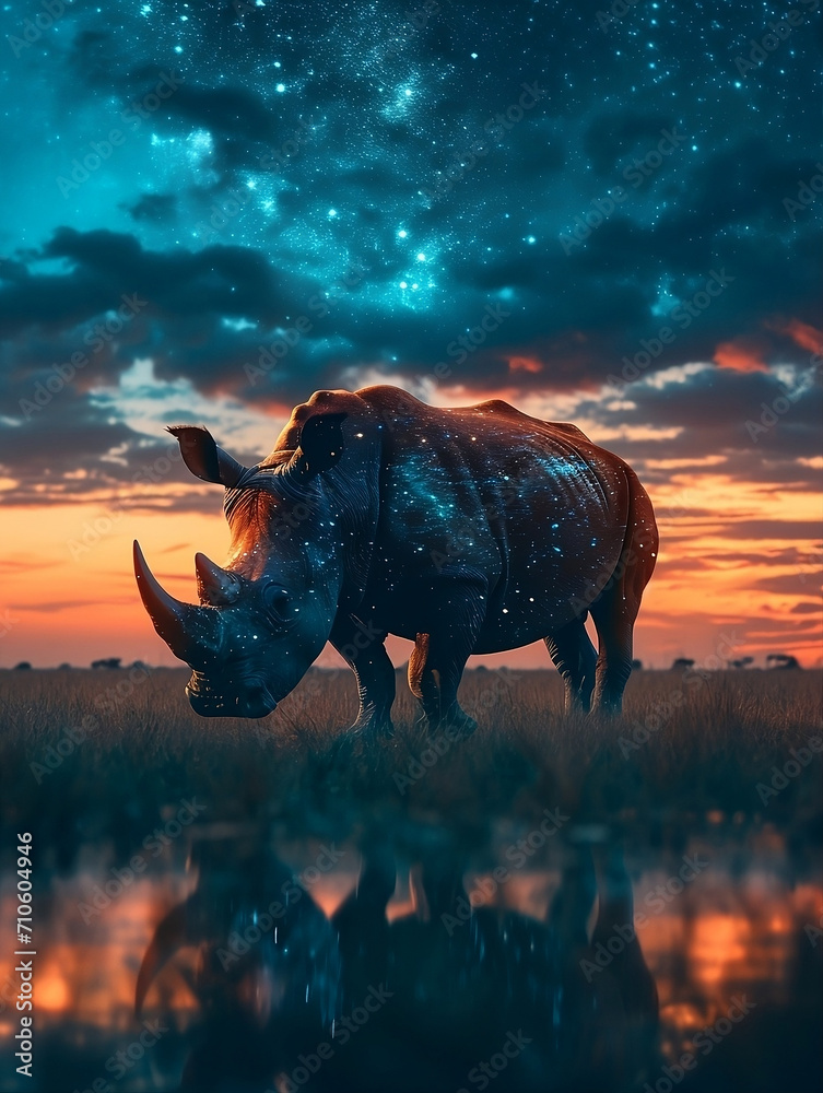 Fototapeta premium Sunset Silhouette: A Majestic Rhino Against the Backdrop of a Glowing Sunset, Symbolizing the Wild's Tranquil End to the Day