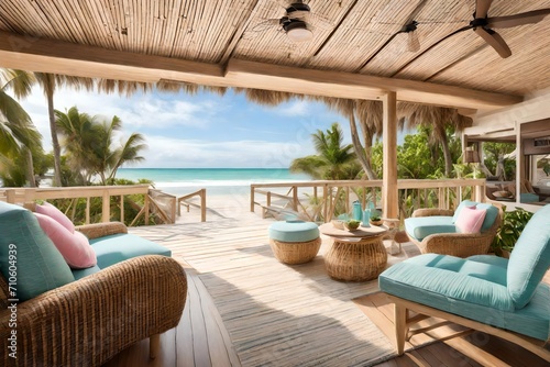 A classic beachfront retreat adorned with pastel hues, featuring a thatched roof, shaded porch, and a wooden walkway leading to a pristine shoreline.