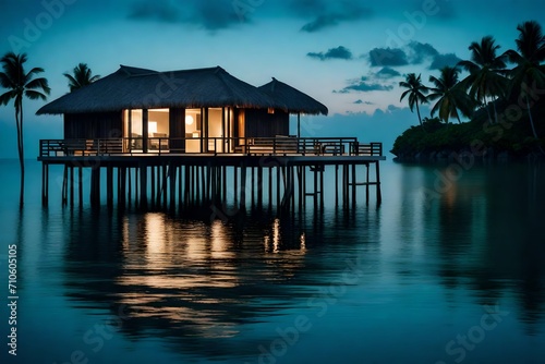 The tranquility of an overwater bungalow at twilight, its stilts casting a mesmerizing reflection on the serene, mirror-like surface of the ocean, inviting peaceful contemplation. © Nature