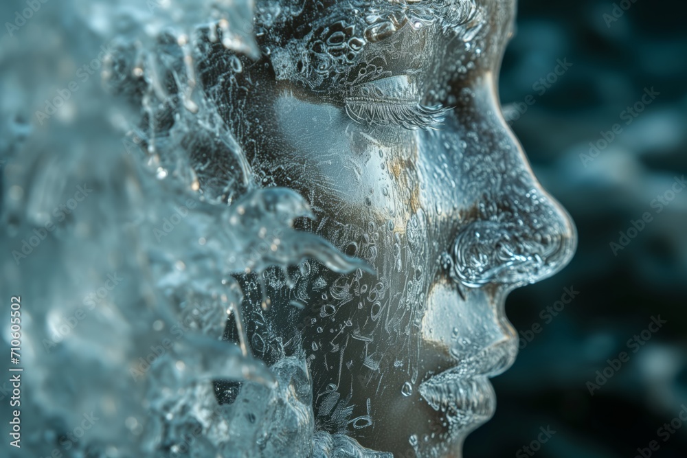 The Frozen Face. Face of Ice, cold and icicles. Face Sculpted from Ice and Frost.