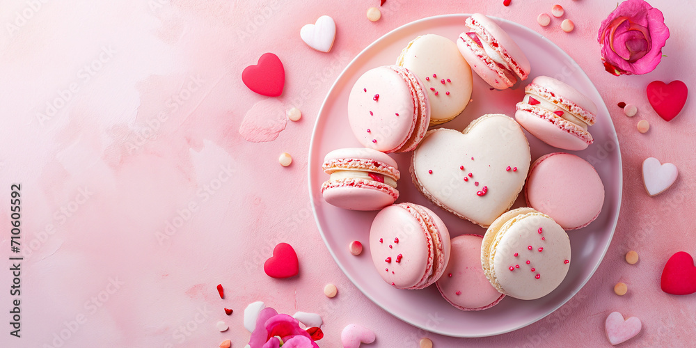 Macronen mit Herzen in pink wunderschön zum Muttertag und Valentinstag dekoriert als Poster, ai generativ