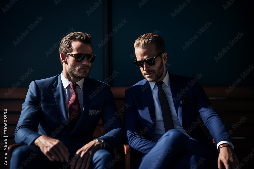 Two businessmen talking on a sunny day. Dark blue colors.