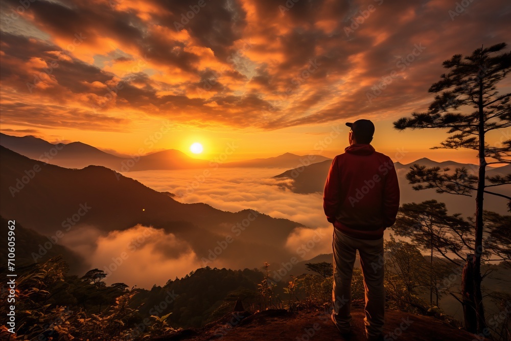 Solitary Figure Gazing from Towering Mountain Summit with Breathtaking Sky and Billowing Clouds