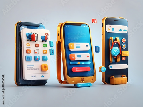 Symbols of online shopping. Mobile app for shopping. Shop in thesmartphone. Set of 3D icons for advertising applications, Contactless payment, purchase control, expense tracking, electronic reporting. photo