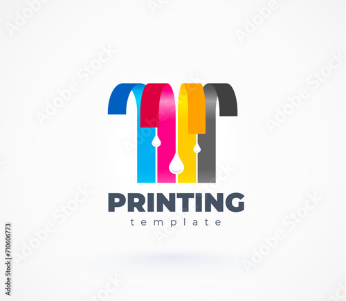 Printing logo. Cmyk ribbon lines stripes and drops ink. Template design vector.