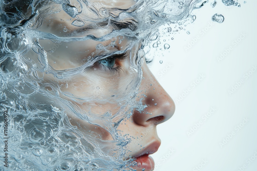 Fototapeta premium Face under the water. Underwater face. Portrait photo under the water. Submerged Beauty Captured Underwater.