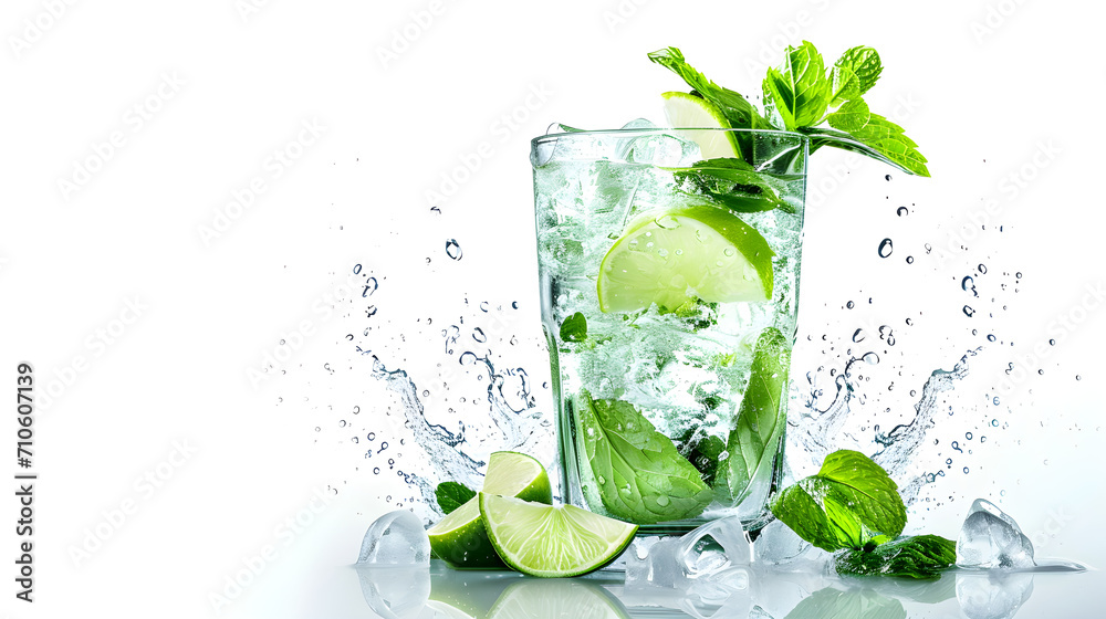fresh mojito in the big glass with ice and mint, drops are flowing on the glass, white background fresh mojito in the big glass with ice and mint, drops are flowing on the glass, white background